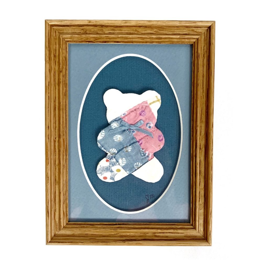Framed Bear Collage Art in Blue and Pink